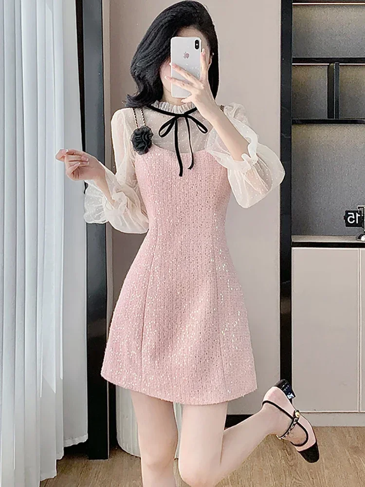 Women Pink Sequins Patchwork Mesh Sheer Dress Sets Autumn Winter Elegant Bow Ruffled Collar Dress 2024 Korean Luxury Party Dress