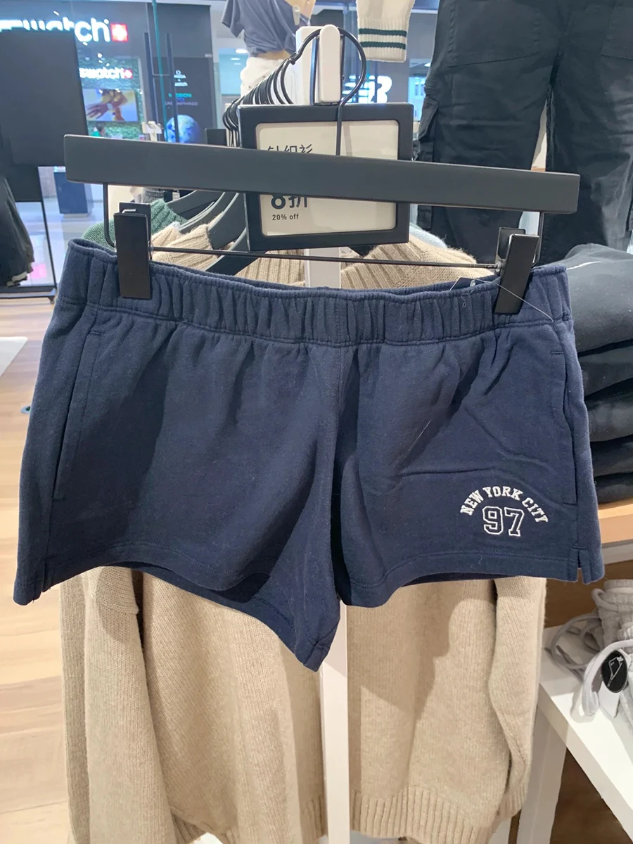 

Темно-синие шорты с вышивкой букв, женские летние эластичные хлопковые спортивные шорты с высокой талией и карманами, винтажные уличные повседневные толстовки