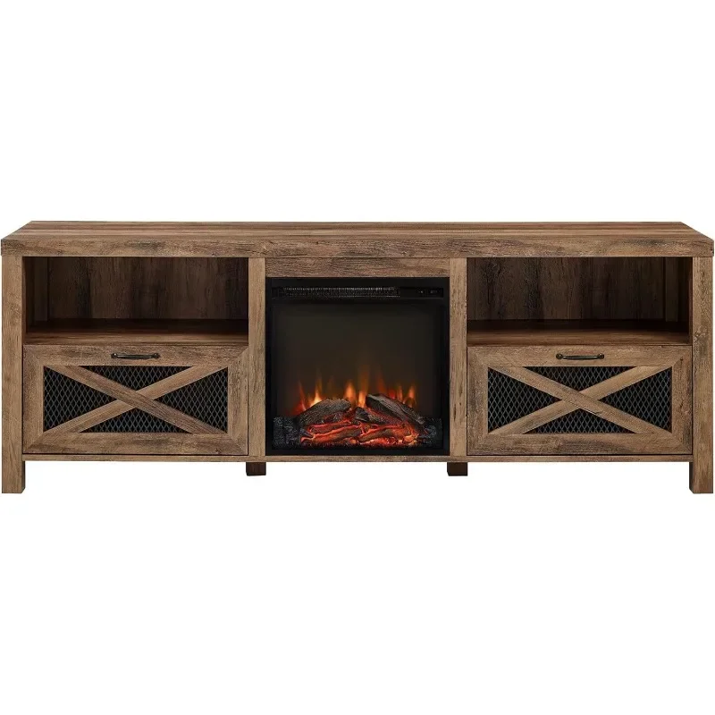 Walker Edison Calgary Industrial Farmhouse X-Drawer Metal Mesh and Wood Fireplace TV Stand for TVs up to 80 Inches, 70 Inch