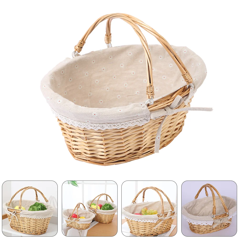 

Picnic Basket Small with Handle Woven Baskets for Storage Willow Wicker Pink Blanket