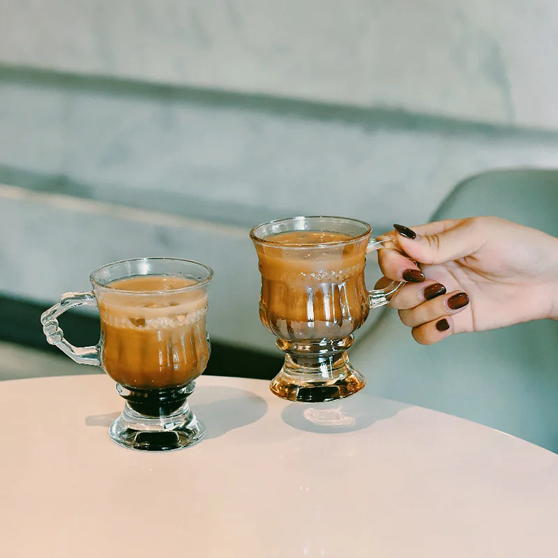 INS Vintage Embossed Glasse, Good-Looking, Girly Heart Water Cups, High-Legged Latte, Coffee Mug with Handle, Afternoon Tea Shot