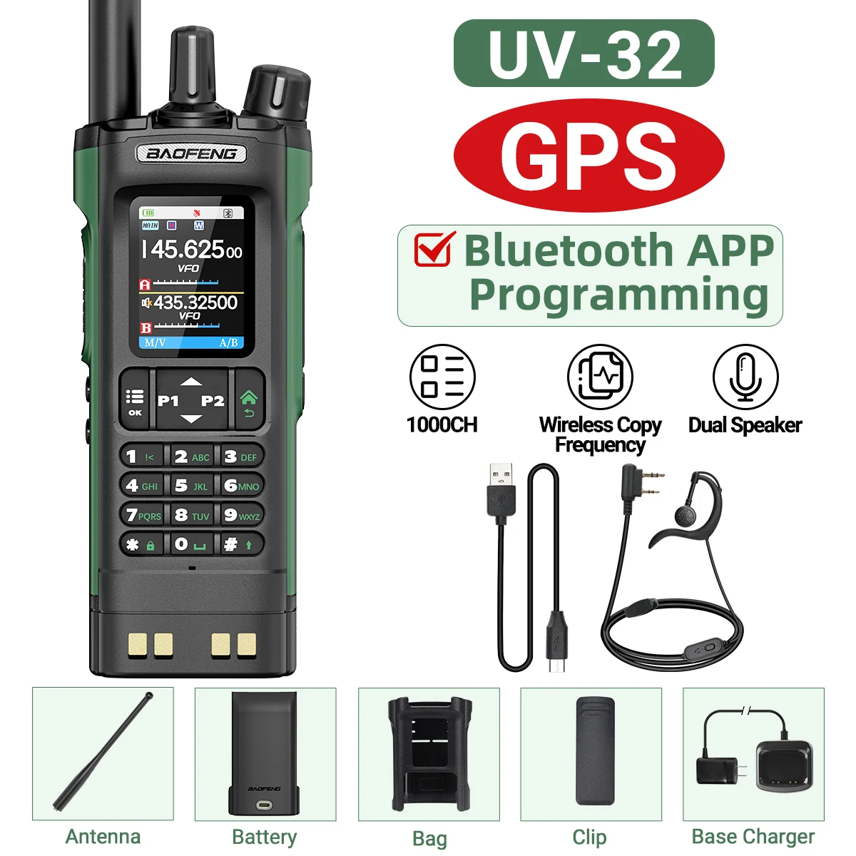 BAOFENG UV-32 GPS Walkie Talkie 10W Multi Band Bluetooth Programmering Draadloze Kopieerfrequentie NOAA Lange afstand Ham Two Way Radio