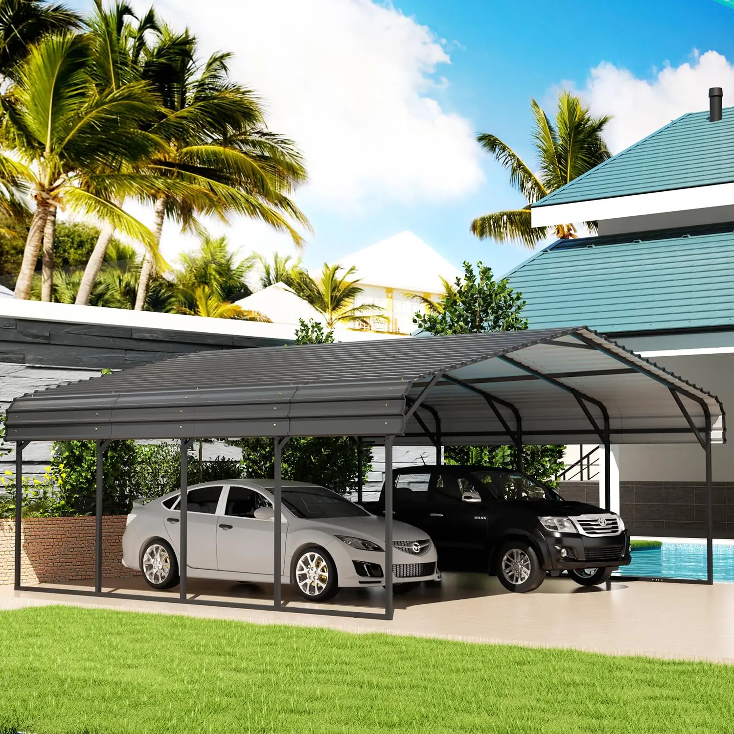 20' x 20' Metal Carport, Outdoor Heavy Duty Carports Canopy with Galvanized Roof and Enhanced Base, Carport Garage Car, Custom