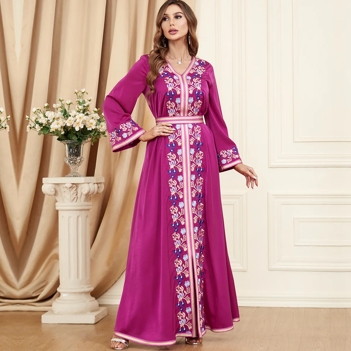 

Autumn Embroidery Belted Jalabiya Moroccan Kaftan Women Muslim Party Dress Eid Mubarak Ramadan Vestidos Caftan Dubai Robe Abaya