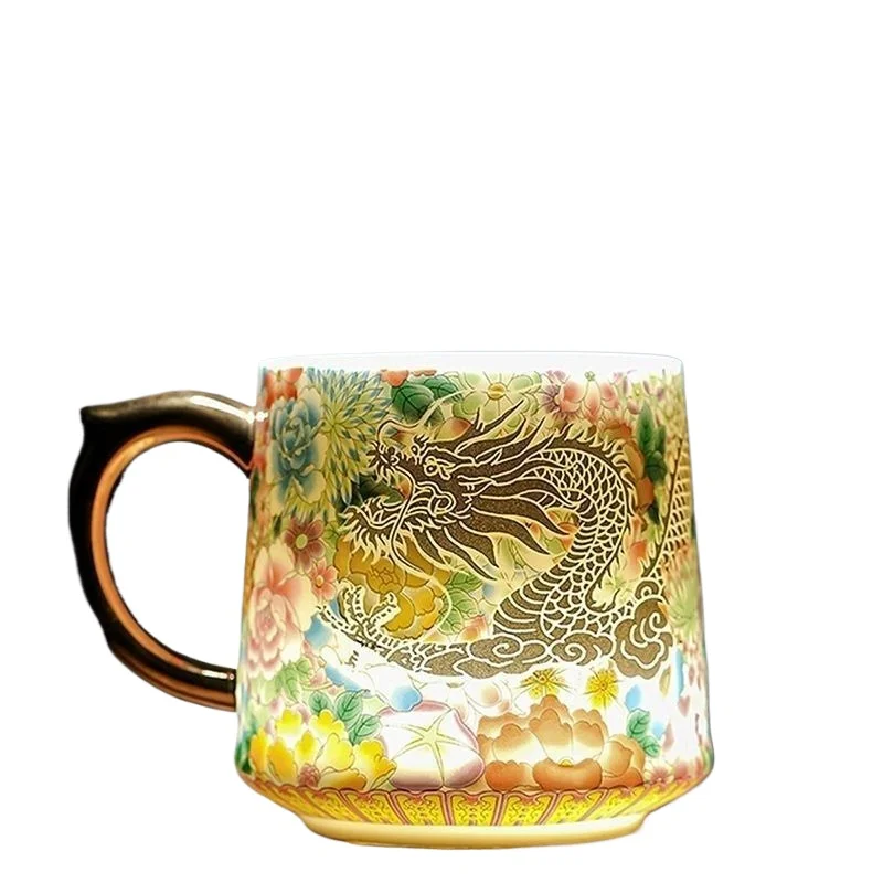 Silk Silver Enamel Dragon Pattern Ceramic Office Tea Cup with Lid and Handle 420ml for Home Office Daily Use