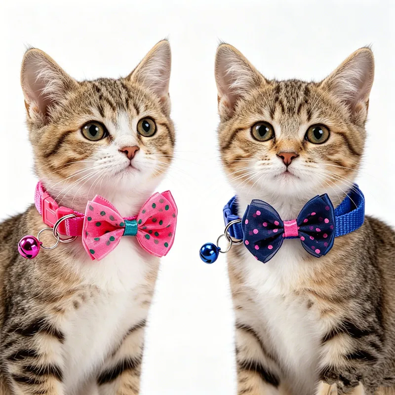 

Vintage Polka Dot Bow Decor Pet Collar, Matching Color Shiny Bell Adjustable Nylon Kitten Collar Cat Elegant Dress Up Accessory
