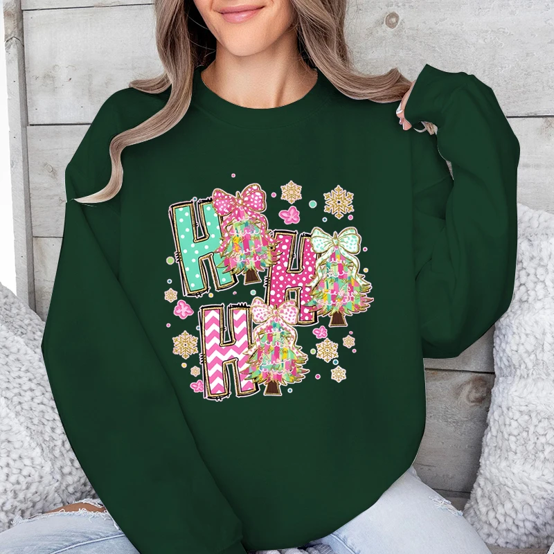 Ho Ho Ho Sweatshirt Women Merry Christmas Tree Bow Print Cartoon Cute Sweatshirts Women Funny Cute Gifts for Christmas Sweater