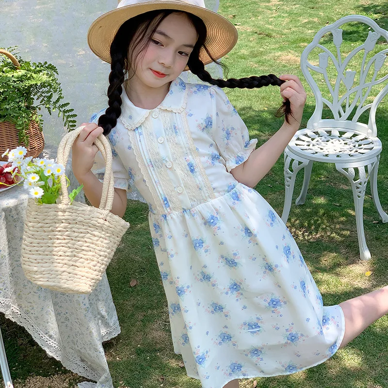 

Baby Girl Dress Children Floral Dress Summer College Style Short Sleeve Long Skirt Large Girls Ethnic Pleated Fashion Skirt