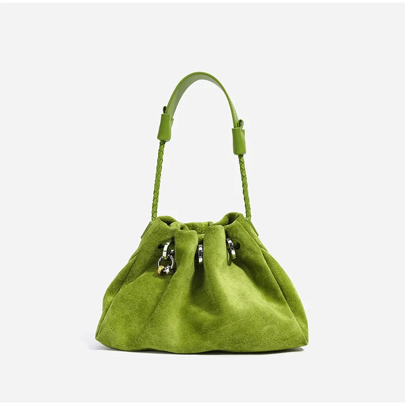 Designer-Umhängetasche aus Rindsleder und Wildleder, Glückshandtasche aus echtem Leder mit Kordelzug, lässige Cloud-Plissee-Umhängetasche für Damen – Detail 3