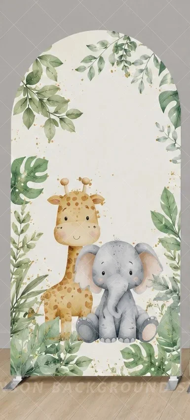 Safari Jungle Baby Shower Arch Cover Backdrop Cute Lion Elephant Giraffe Greenery 3 Panel Background