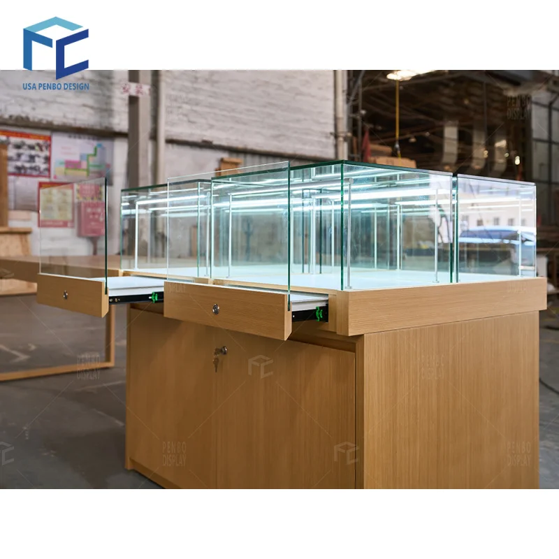 custom.Luxury Customized LED Lighting Sunglasses Display Counter Optic Store Showcase with Glass Showcase Design