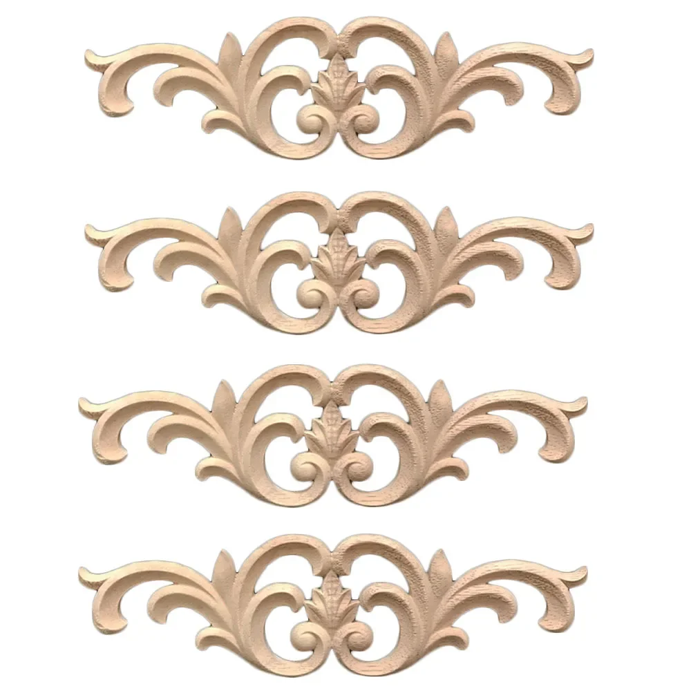 4pcs Solid Wooden Rubber Wood Carved Applique Vintage Home Furniture Craft Decor Unpainted Wooden Mouldings Decal Figurines