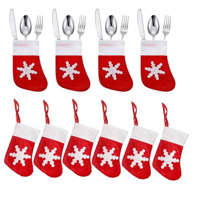 10Pcs Mini Christmas Stockings Knife Spoon Fork Bags Felt Santa Cutlery Tableware Holder Xmas Sock Christmas Dinner Table Decor