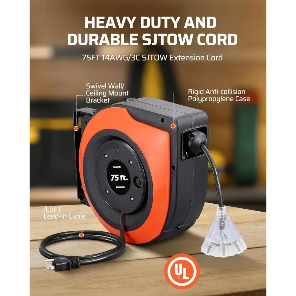 

Retractable Extension Cord Reel, 75 FT Heavy Duty Power Cord, 14/3C SJTOW, Lighted Triple Tap Outlets, 10A Circuit Breaker
