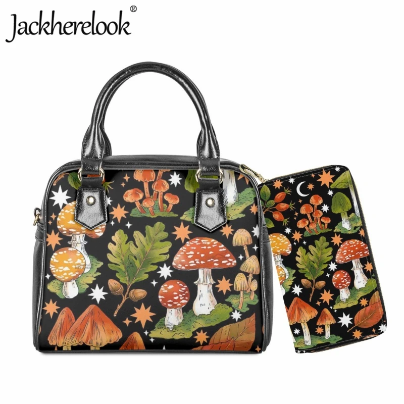 

Jackherelook Fresh Wild Mushroom Print Shoulder Bag Purse 2pcs Set for Ladies Fashion Trend Leather Messenger Bag Women Handbag