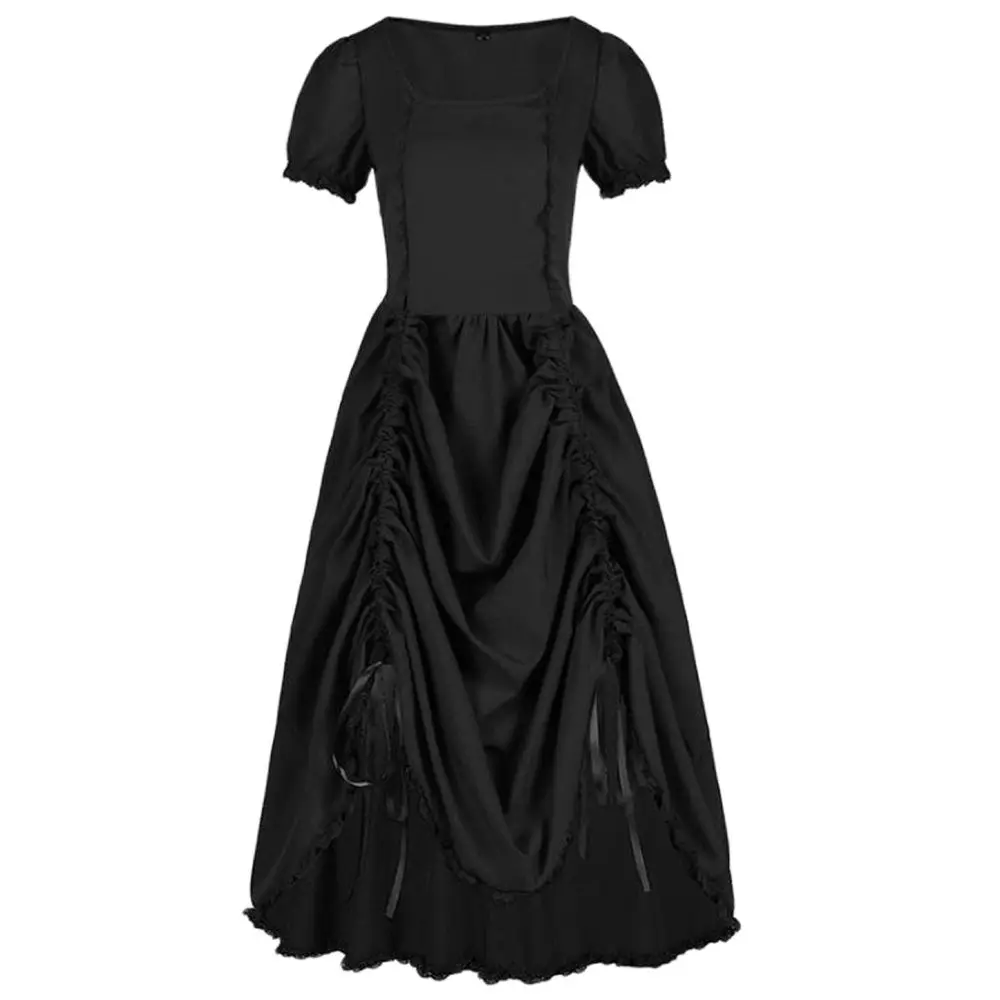 Women Renaissance Dress Gathered Dress Square Neck Smocked Waist Dresses Gothic Steampunk Skirt Asymmetrical High Low Dress