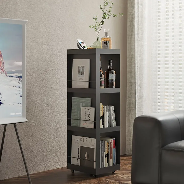 Multi-Tier Floor Standing Bookshelf Storage Rack with Casters for Living Room Wall-Mounted Magazine Display and Simple