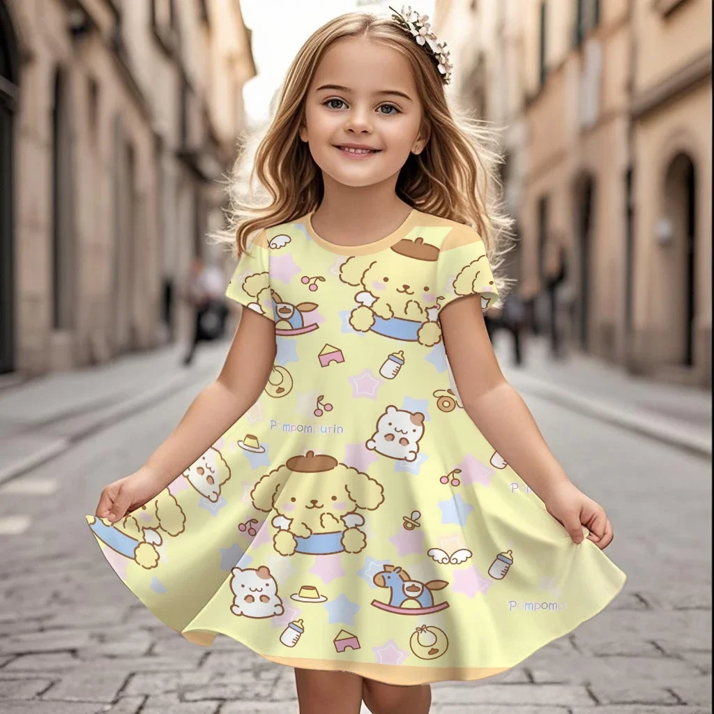 

Disney Pom Pom Purin Summer Fashion Girls Dresses Kids Cute Anime 3D Printing Comfortable Cartoon Short Sleeve Princess Skirt