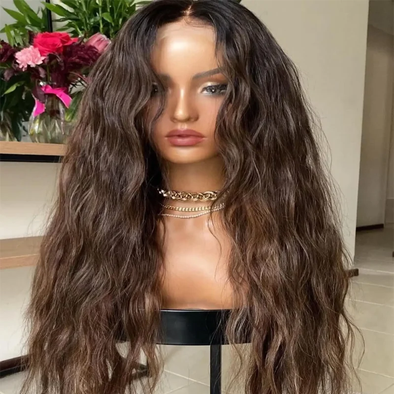 

26" Natural Brown Boby Wave5x5 Silk Base Free Part Jewish Human Hair Wig With Bangs HD Lace European Hair Preplucked Daily