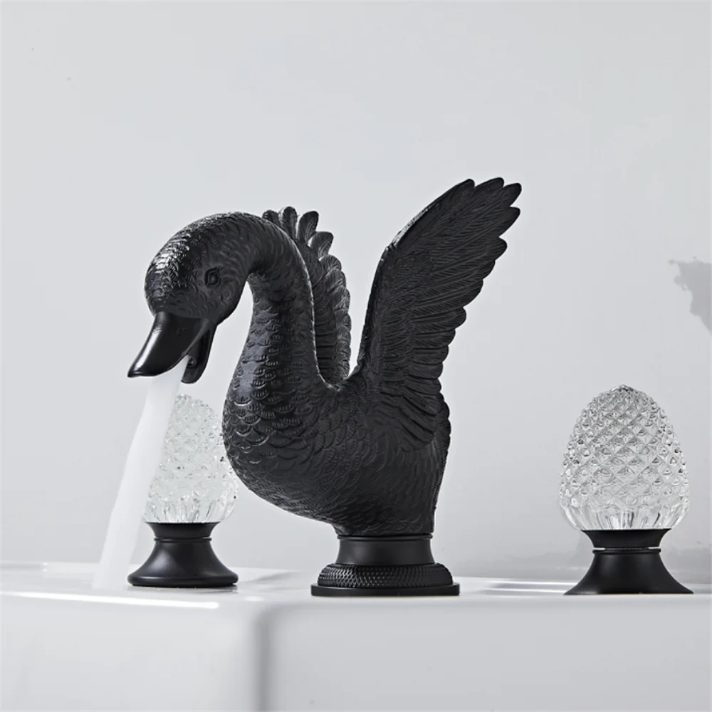 Black Swan Bathroom Faucet Widespread Antique Sink Tap Brass Basin Faucet Sink Faucet 3 Hole Crystal Handle Hot & Cold Water Tap