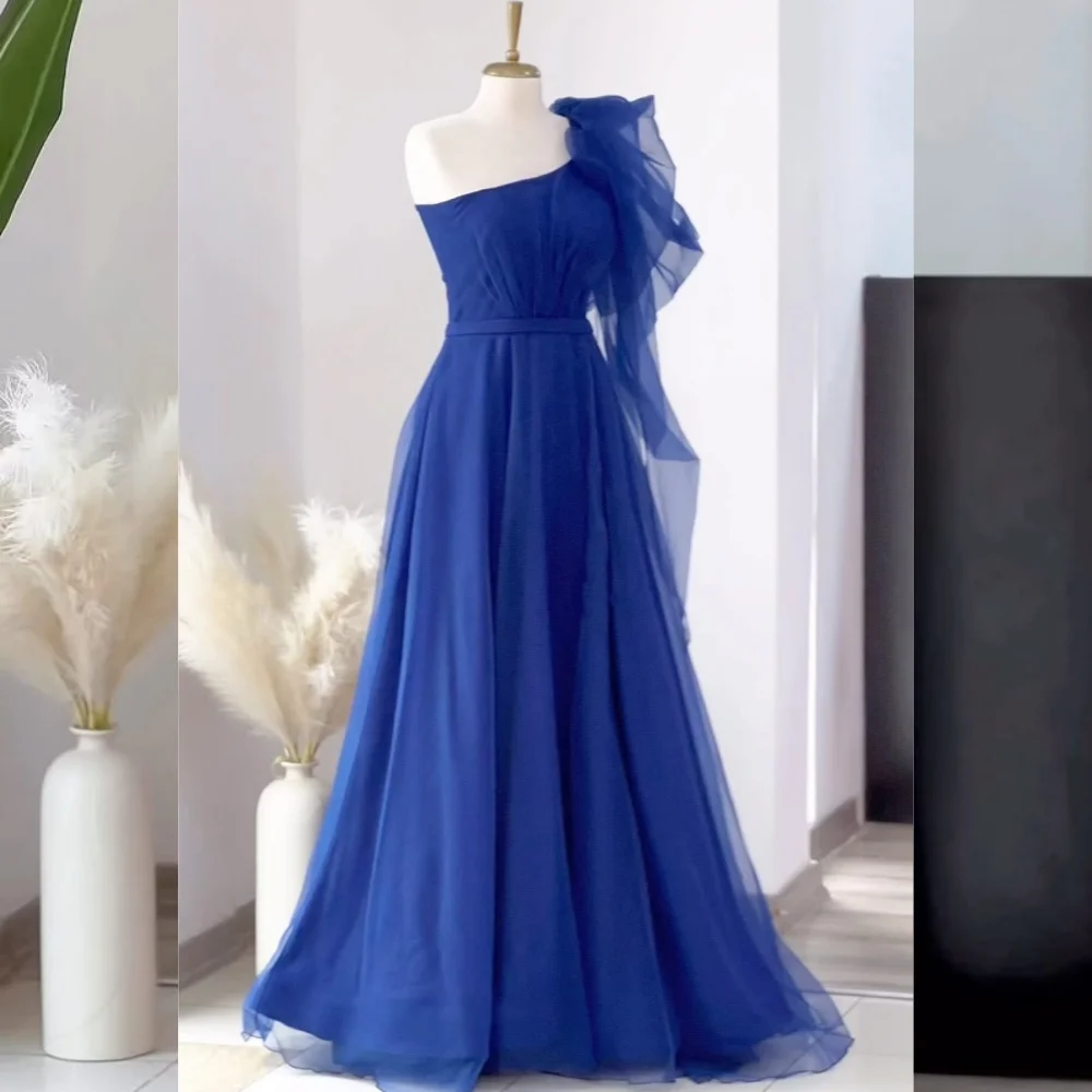 Customized Simple Tulle Pleat Ruched Draped A-line One-shoulder Long Dresses Bespoke Occasion Dresses Exquisite Elegant