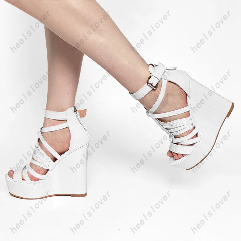 Ahhlsion Hollow Out Women Sandals Wedges Heels Patent Leather Buckle Open Toe Pretty Pink Party Shoes Ladies US Size 5-20