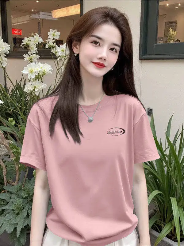

Summer Casual Loose Short Sleeve round Neck T-Shirt Women's Fashion Commuting Versatile Korean Style Mom Pink Color Top
