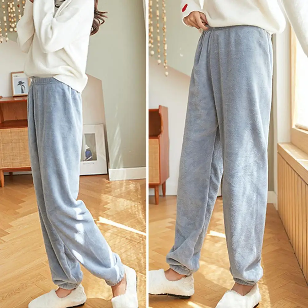 Plush Women Pants Cozy Women\'s Winter Pants Soft Plush Coral Fleece Homewear with Elastic Waist Loose Ankle-banded Pants