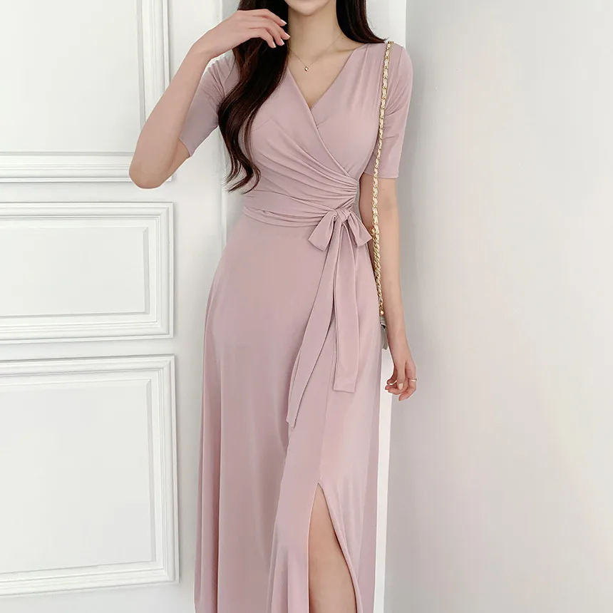 

Chic Summer Pure Desire Cross V-ne Belted Slimming ort Sve Dr Women's Korean Sle Side Split Casual Wear