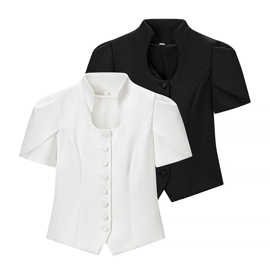 Elegant Short Sleeve Lace Patchwork Shirt Suit Women's Fashion Design Summer 2026 Cross-Border Apparel Polyester Fabric