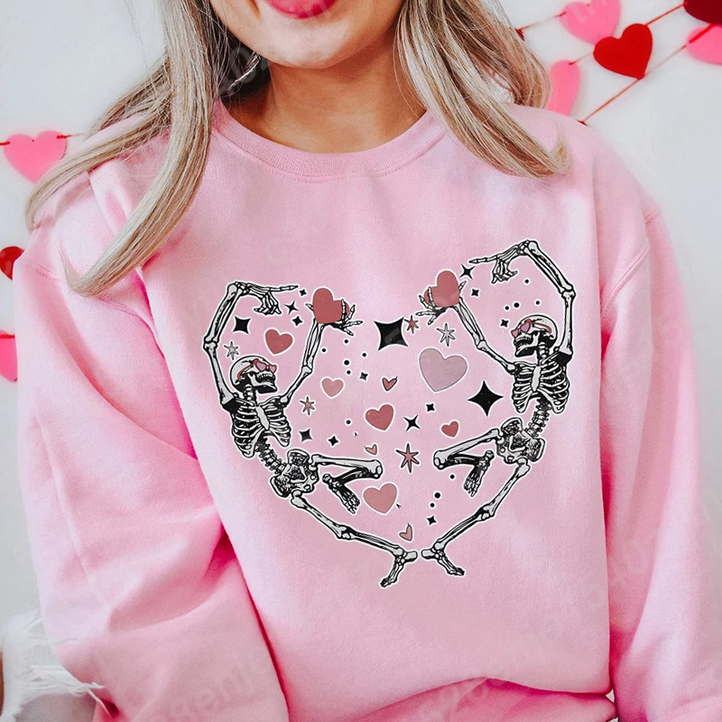 

Women Oversized Crew Neck Sweatshirt, Valentine’s Day Dancing Skeleton Heart Print Sweatshirts, Retro Valentines Pullovers Tops