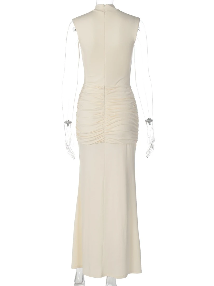 SsTss Vestido maxi bodycon sem mangas com gola sólida para mulheres moda verão chique franzido slim fit sexy festa clube vestido longo