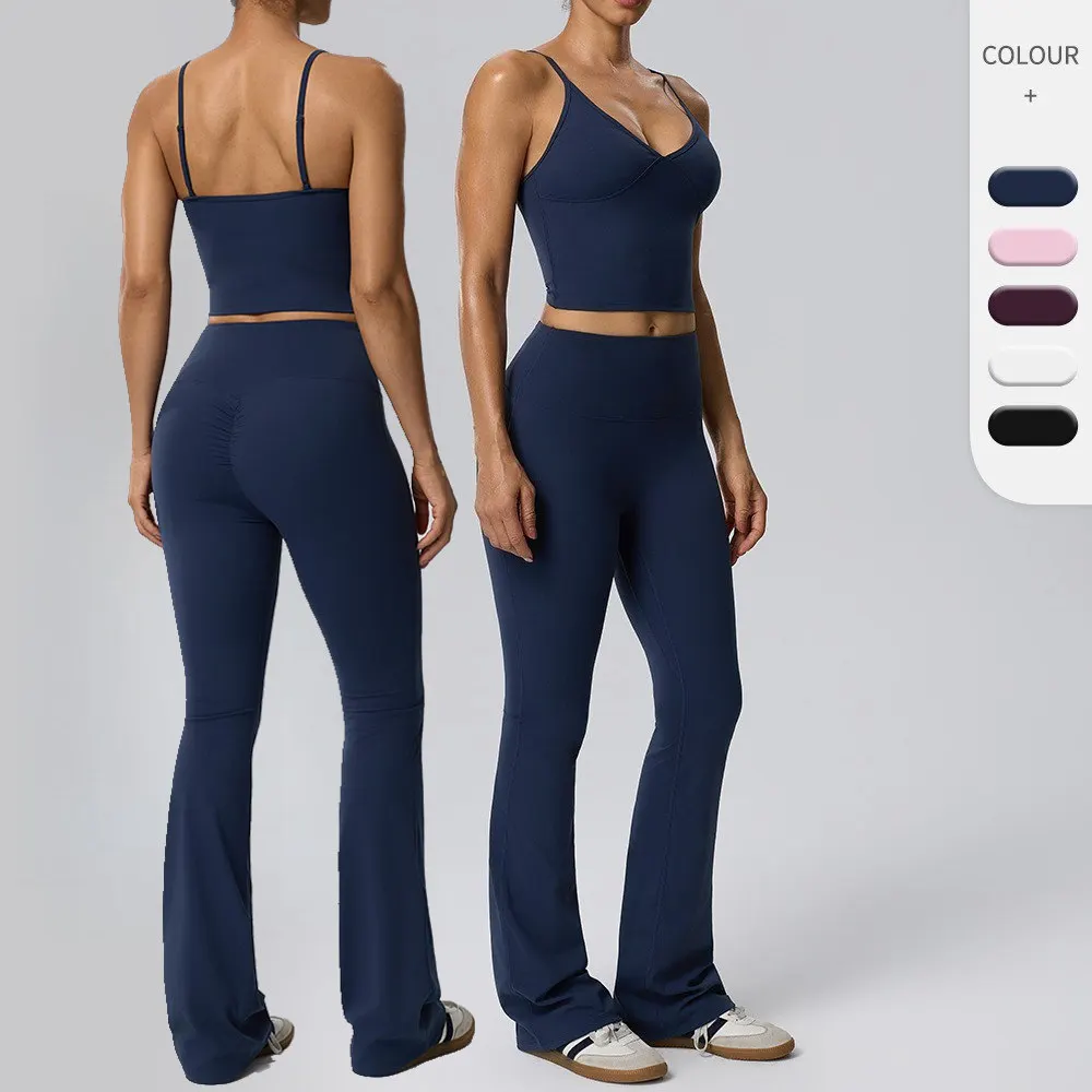 2Pcs Yoga Outfit Women Double Brushed Fabric Deep V Cami Top High Waist Hip Lifting Long Pants Gym Tracksuit