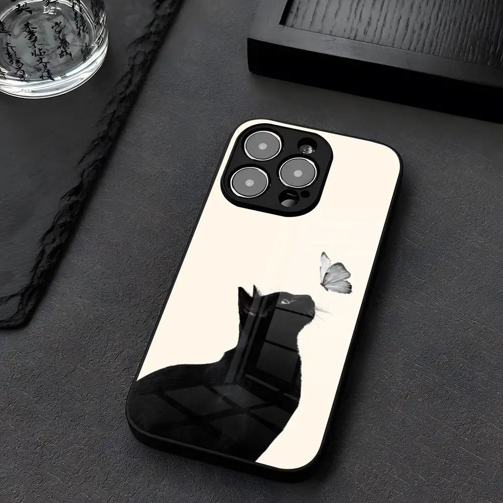 Cartoon Cat Painting Phone Case Tempered Glass For iPhone 14 13 12 15 11 Pro XS Max Plus Mini X XR 8 7 6s SE2020 Coque