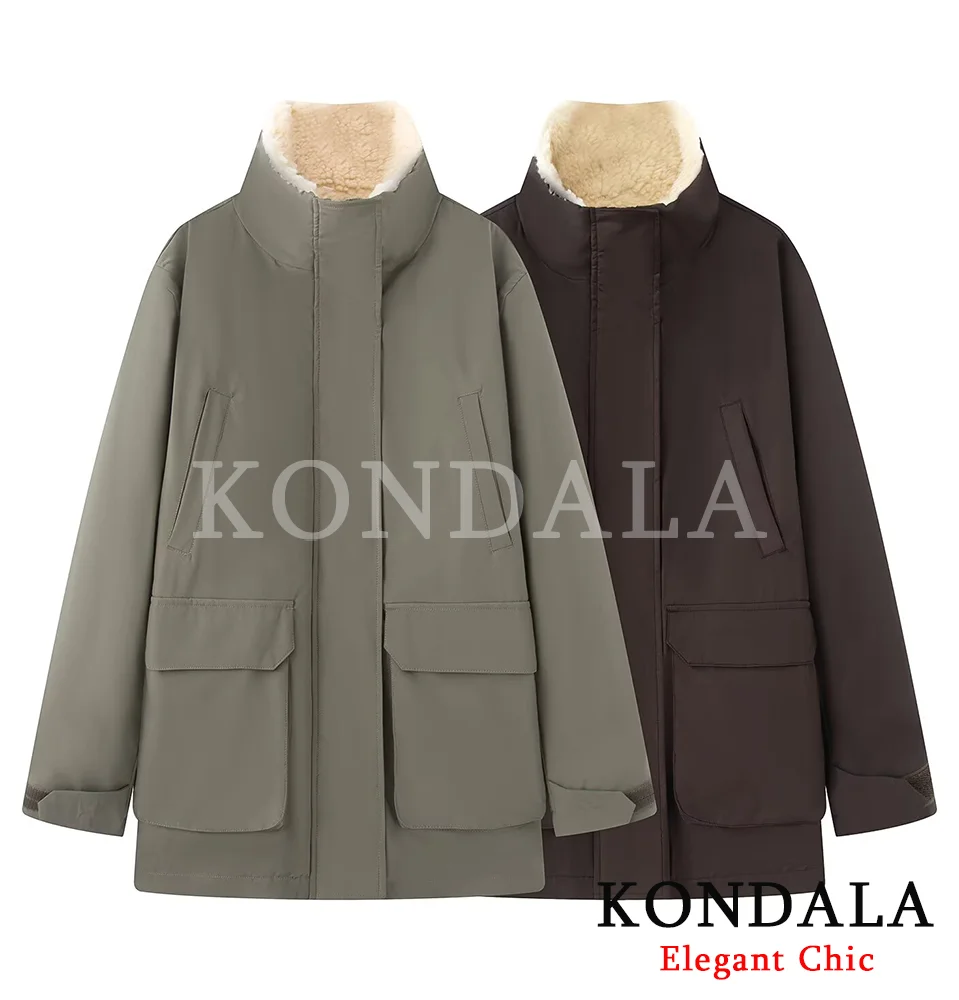 

KONDALA, осенне-зимнее повседневное теплое пальто, женское свободное пальто на флисовой подкладке, осень 2023, простые модные женские куртки с карманами, пальто