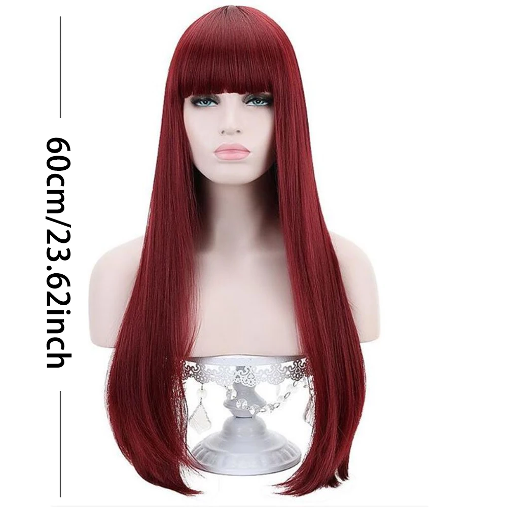 24inch long Straight hair with Bangs Synthetic wigs Burgundy red 150% Density rose Buckle Net Cap Lolita cosplay for women wigs