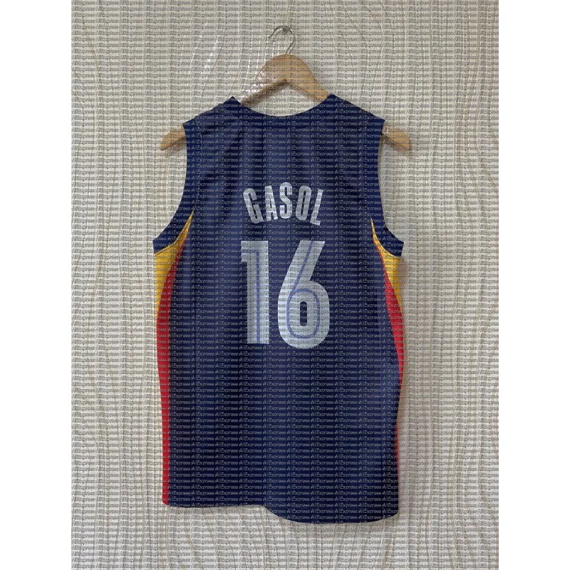Navy Blue GASOL 16 Basketball Vest, Yellow Red Side Contrasting Sleeveless Sports Jersey, Fan Vest