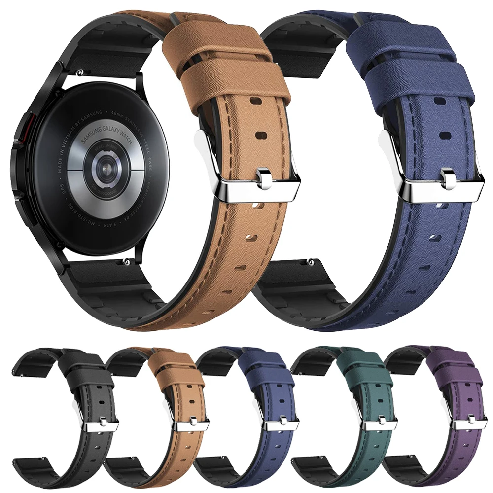 

Leather+Silicone Band for Samsung Galaxy Watch 4 Classic 46mm 42mm/Watch4 44mm 40mm Band Metal Buckle Wriststrap Bracelet Belt