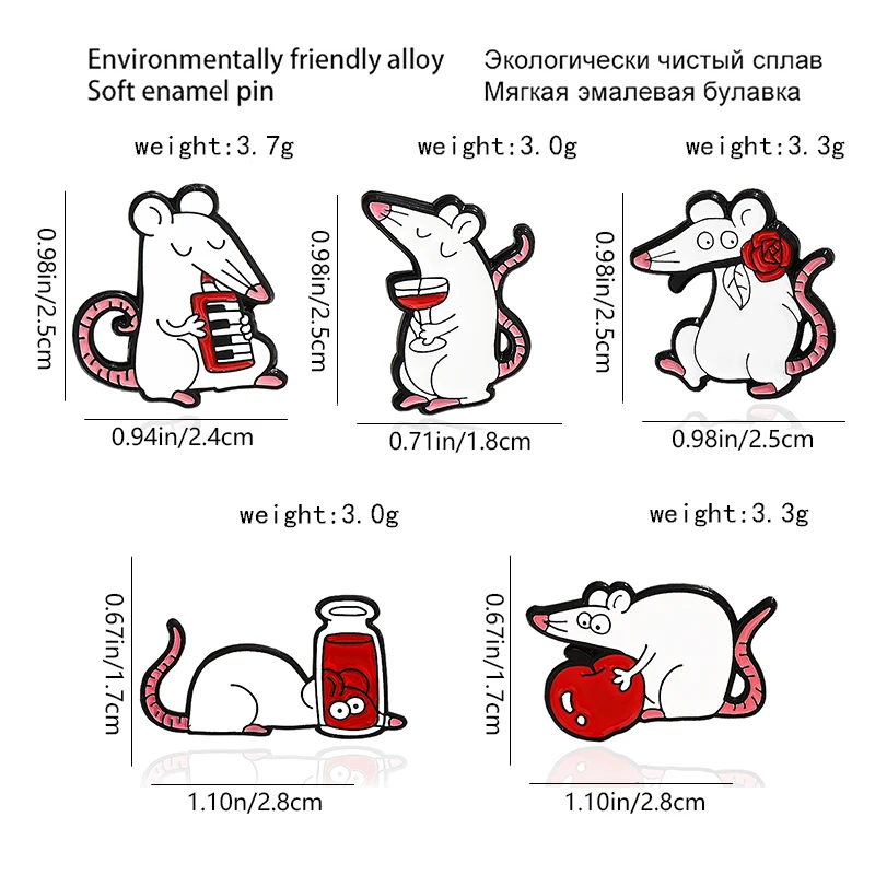 The cute little mouse drinks red wine, coffee and eats apples, buys a rose-shaped jewelry brooch and a versatile pin