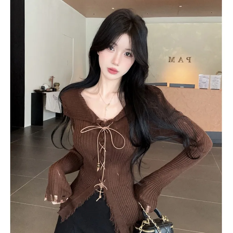 

Женский длинный вязаный топ све, облегающий базовый слой, винтажный дизайн Sense, потертый осенне-зимний новый трикотаж