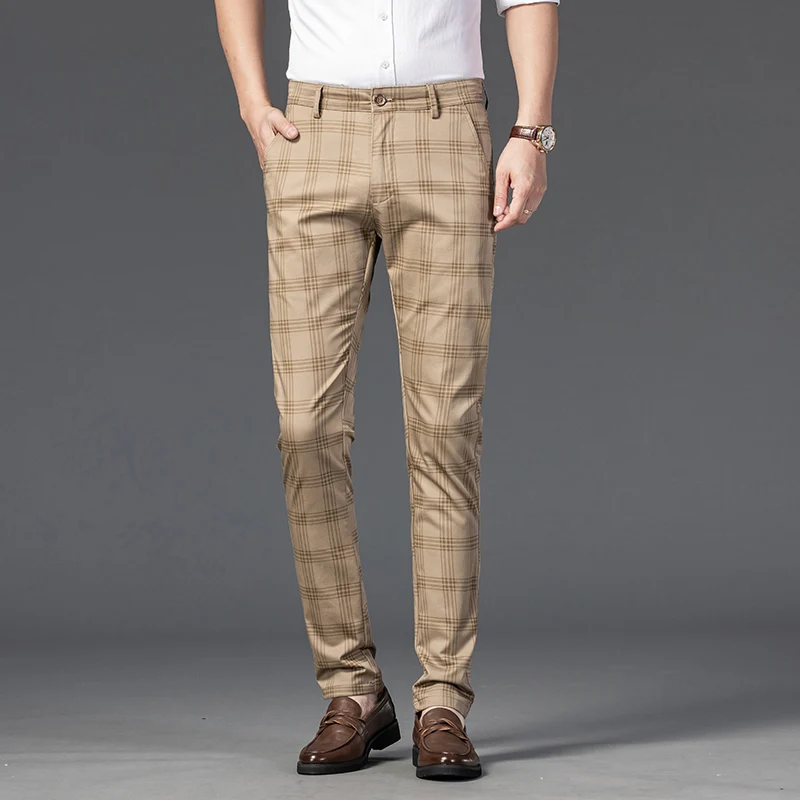 Summer Ultra-thin Brand Men\'s Fashion Stripe Plaid Casual Pants Men High Quality Business Trousers Men\'s Slim Gray Straight Pant