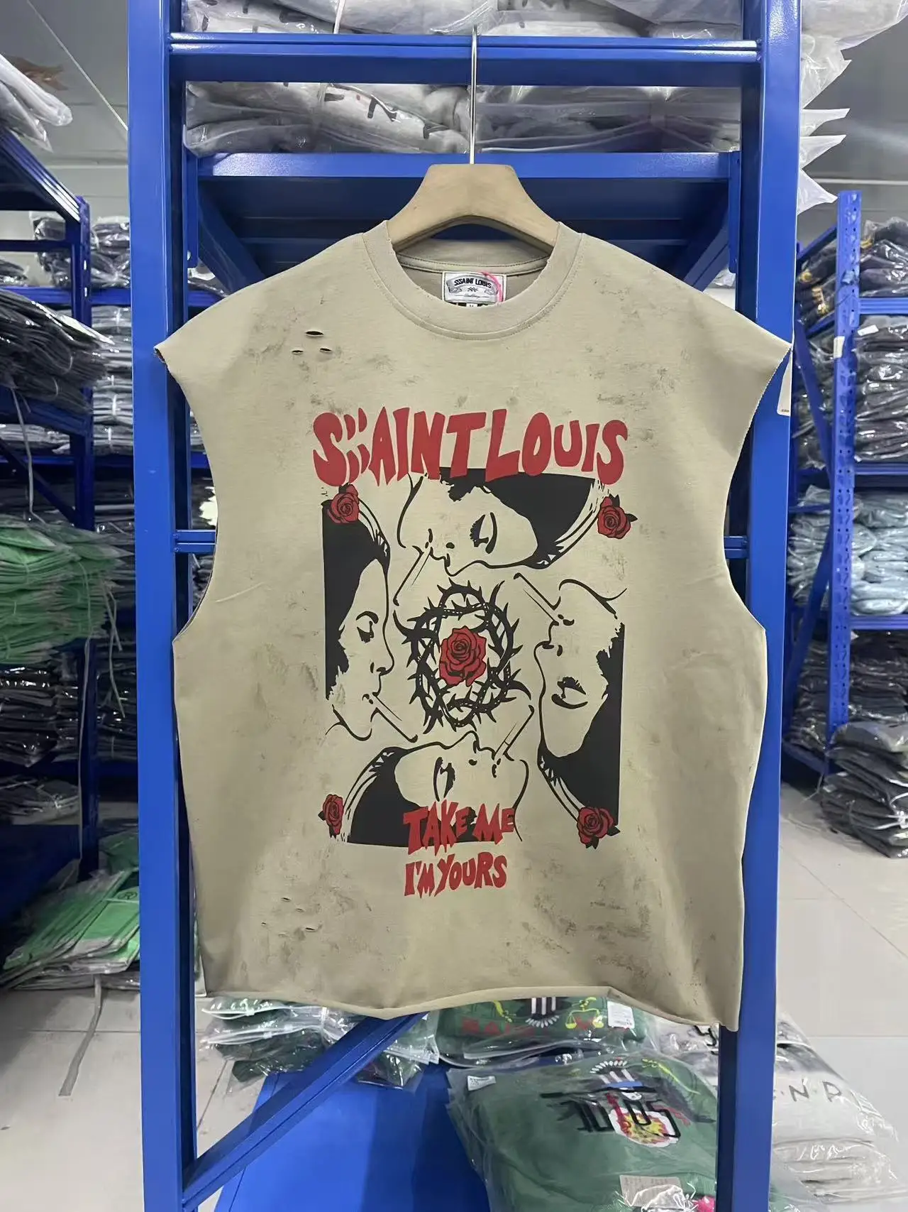 SSSAINT LOUIS 26SS Cement Ivy Thorns Rose Print Washed Vintage Sleeveless T-Shirt American Streetwear Brand