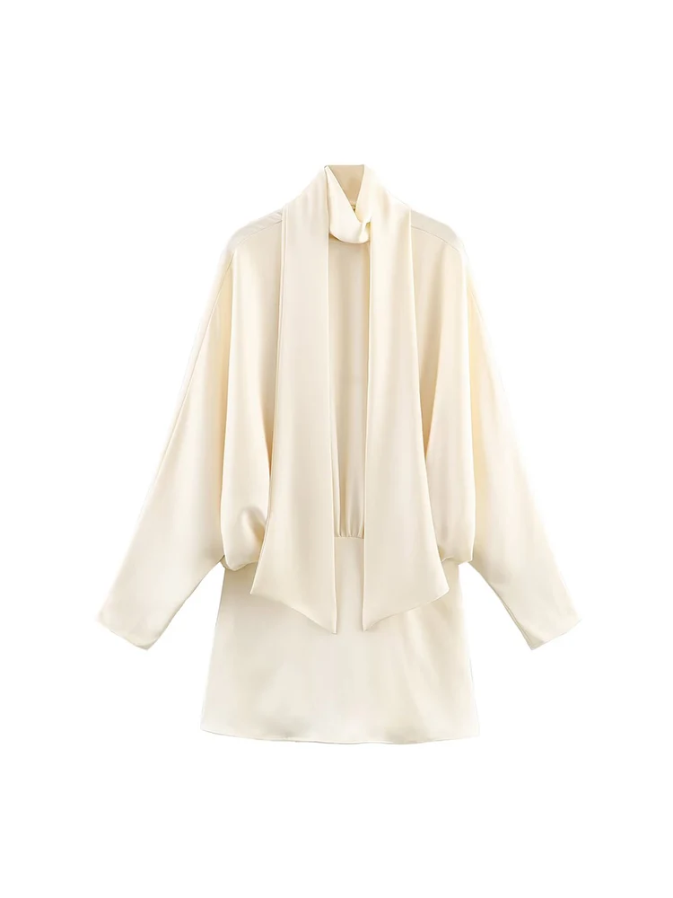 TFMLN – Mini robe en Satin pour femmes, écharpe décorée, élégante, chauve-souris, manches longues, légère, luxe, taille haute, Slim, robe de soirée, mode, nouveau