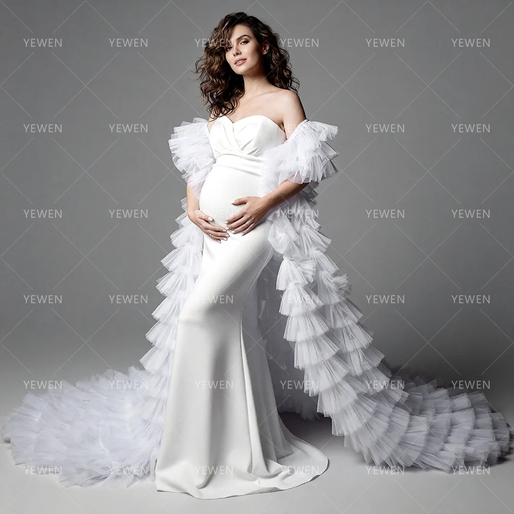 Maternity Dress Photoshoot Elegant Sweetheart Maternity Dress with Tiered Ruffled Tulle Shawl Baby Shower Dress Woman YW64242D
