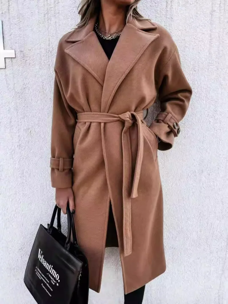 

Women's Clothing Casual Fashion Trend Commuting Long Sleeved Woolen Trench Coat with Lapel Long Jacket