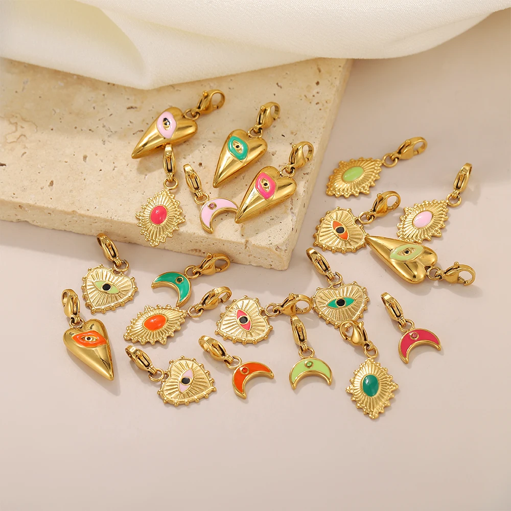 CARLIDANA New Heart DIY Lobster Clasp Pendant Enamel Moon Lucky Eye Stainless Steel Buckle Necklace Jewelry Pendant Charms