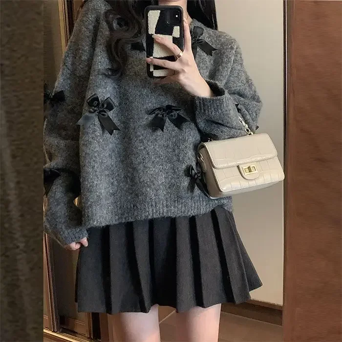 Gagaok Grey Bow Sweater Women Autumn Winter New Pullover Long Sleeve Tops Knitwear Design Short Knitted Sweaters Pull Femme