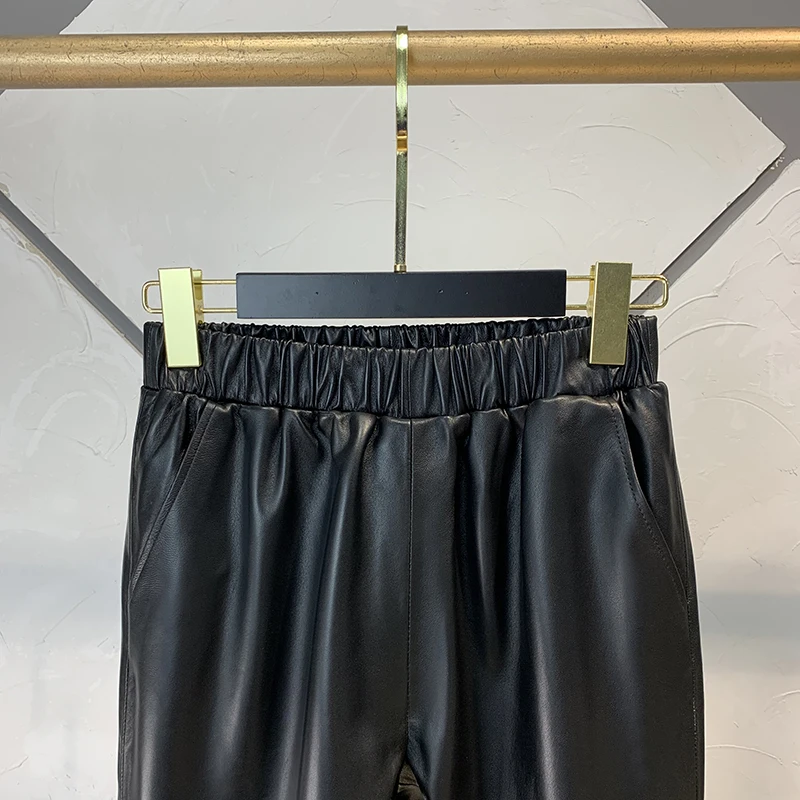 Herbst Neue Schaffell Leder Hosen Frauen Zip Hit Farbe Elastische Taille Dünne Gerade Hosen Echte echtem Leder Knöchel Länge Hosen