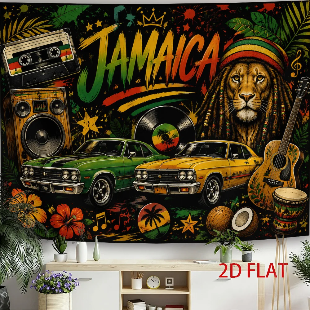Vintage Jamaica Reggae Tapestry Indie Style Wall Hanging, Lion Retro Car Tropical Music Print for Beautiful Home Wall Art Room