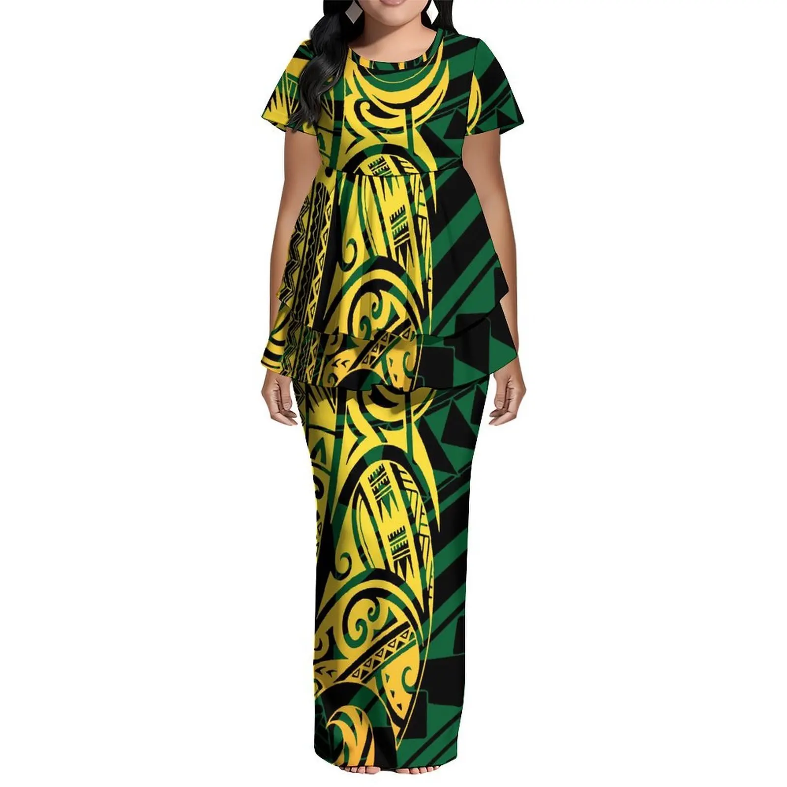 Vintage Floral Print Custom-Patterned Women'S Dress With High-Quality Polynesian Double-Layered Hemmed Short Sleeves Puletasi